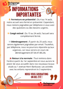 Lire la suite à propos de l’article INFORMATIONS IMPORTANTES – PERIODE ESTIVALE 2025