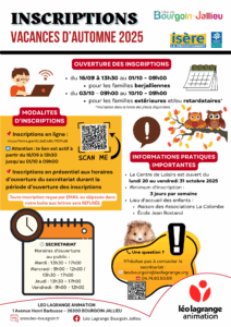 Lire la suite à propos de l’article INSCRIPTIONS VACANCES D’AUTOMNE 2025 – Familles Berjalliennes