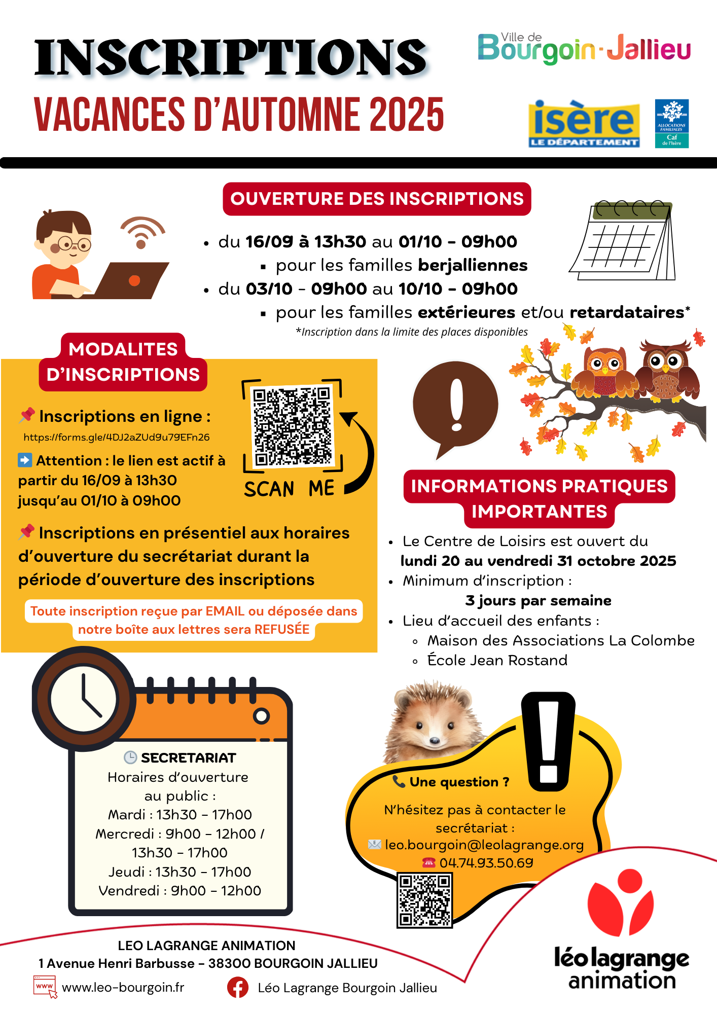 You are currently viewing INSCRIPTIONS VACANCES D’AUTOMNE 2025 – Familles Berjalliennes