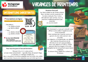 Lire la suite à propos de l’article INSCRIPTIONS VACANCES DE PRINTEMPS 2026